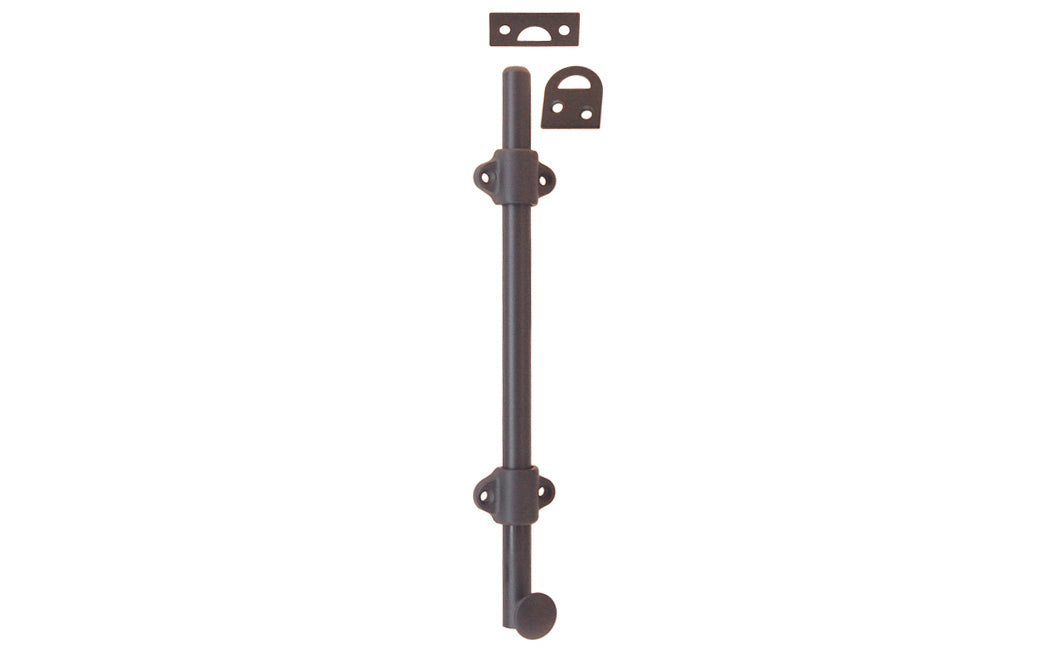 Vintage-style Hardware · Classy & handsome solid brass medium-duty surface bolt. Great for windows, doors, French windows, cabinets. 1/2" diameter half-rod with 1-3/8" wide guide brackets (stays) & 3/4" diameter knob. Includes small mortise strike & rim strike, & six slotted flat head screws. Solid Brass Dutch Bolt. Oil Rubbed Bronze Finish