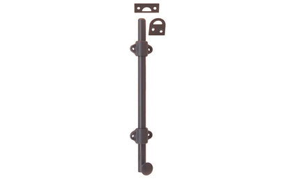Vintage-style Hardware · Classy & handsome solid brass medium-duty surface bolt. Great for windows, doors, French windows, cabinets. 1/2" diameter half-rod with 1-3/8" wide guide brackets (stays) & 3/4" diameter knob. Includes small mortise strike & rim strike, & six slotted flat head screws. Solid Brass Dutch Bolt. Oil Rubbed Bronze Finish