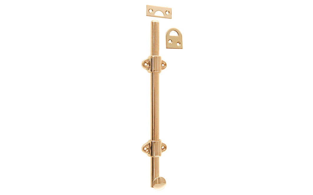 Vintage-style Hardware · Classy & handsome solid brass medium-duty surface bolt. Great for windows, doors, French windows, cabinets. 1/2" diameter half-rod with 1-3/8" wide guide brackets (stays) & 3/4" diameter knob. Includes small mortise strike & rim strike, & six slotted flat head screws. Solid Brass Dutch Bolt. Non-Lacquered Brass