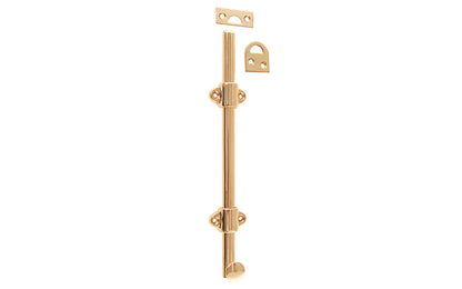 Vintage-style Hardware · Classy & handsome solid brass medium-duty surface bolt. Great for windows, doors, French windows, cabinets. 1/2" diameter half-rod with 1-3/8" wide guide brackets (stays) & 3/4" diameter knob. Includes small mortise strike & rim strike, & six slotted flat head screws. Solid Brass Dutch Bolt. Non-Lacquered Brass