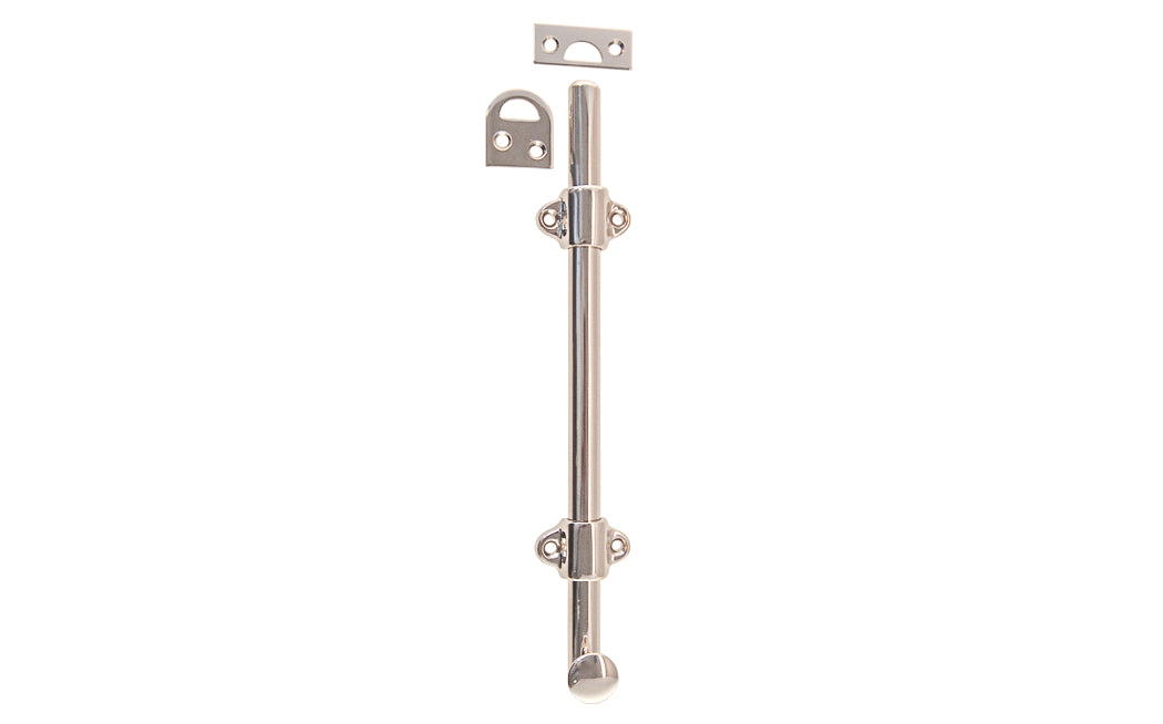 Vintage-style Hardware · Classy & handsome solid brass medium-duty surface bolt. Great for windows, doors, French windows, cabinets. 1/2" diameter half-rod with 1-3/8" wide guide brackets (stays) & 3/4" diameter knob. Includes small mortise strike & rim strike, & six slotted flat head screws. Solid Brass Dutch Bolt. Polished Nickel Finish