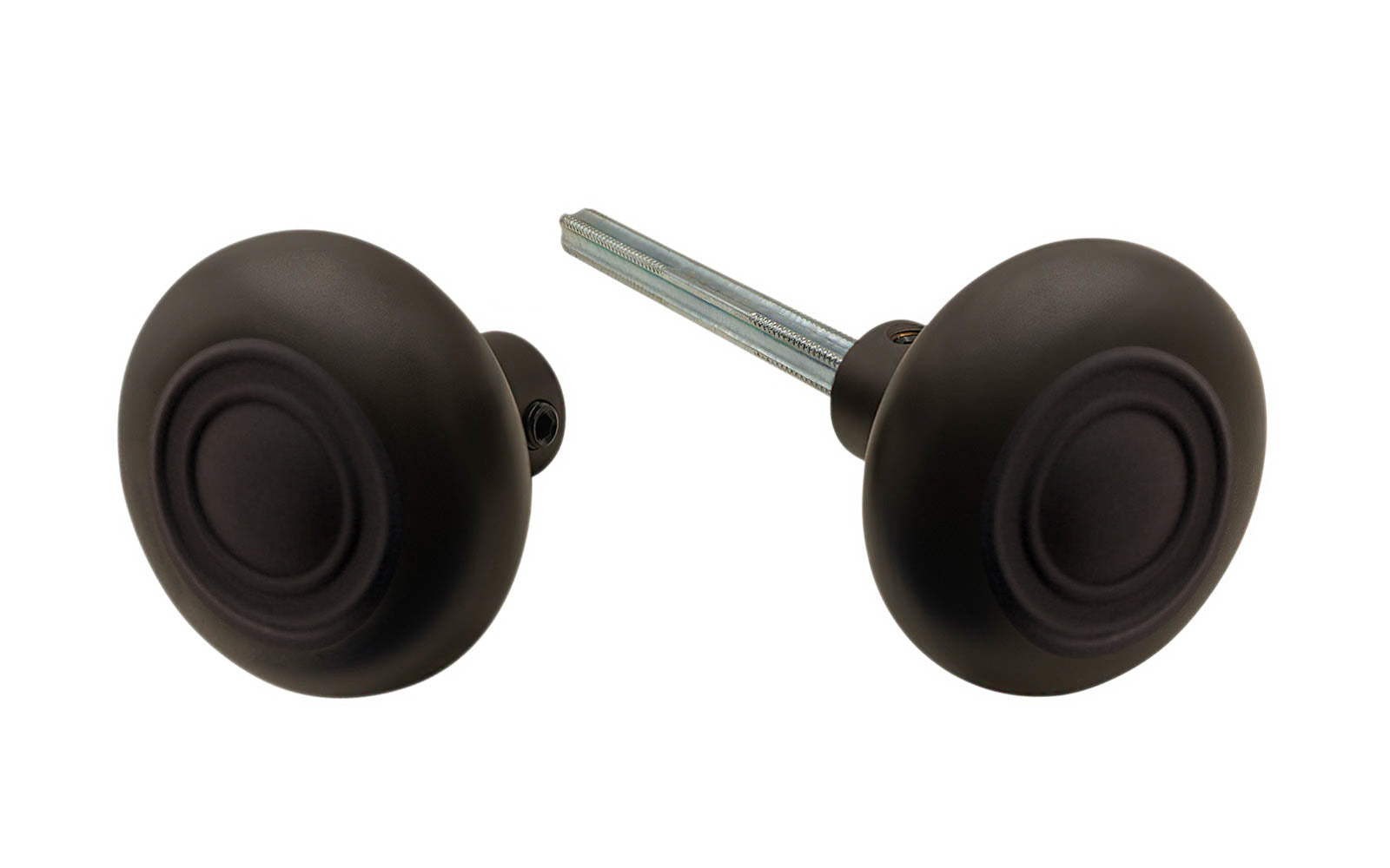 Pair of Traditional & Classic Brass Circle-Ring Design Doorknobs with spindle. Quality hollow core wrought brass doorknobs with an attractive circle-ring design. Reproduction Brass Door Knobs. Traditional Brass Knobs with Spindle. Set includes two knobs with spindle. Oil Rubbed Bronze Finish.