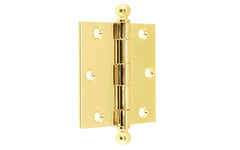 Vintage-style Hardware · Pair of Classic Ball-Tip Door Hinges ~ 3" x 3" size. High Quality Architectural grade hinges are replicas of old Stanley hinges with square corners. Reproduction Ball Tip Door Hinges. Removable Pins. Lacquered Brass Finish.