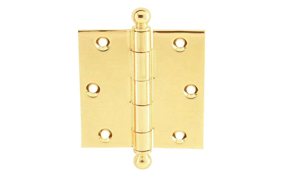 Vintage-style Hardware · Pair of Classic Ball-Tip Door Hinges ~ 3-1/2" x 3-1/2" size. High Quality Architectural grade hinges are replicas of old Stanley hinges with square corners. Reproduction Ball Tip Door Hinges. Removable Pins. Lacquered Brass Finish.