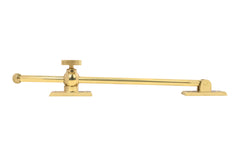 Vintage-style Classic & Premium Solid Brass Casement Adjuster Stay ~ 12" Length. For securing outswing casement windows. It has a durable pivot turn with a knurled knob for smooth & secure operation. Unlacquered brass. Non-lacquered brass (the un-lacquered brass will patina over time).