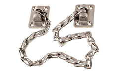 Classic & traditional sturdy adjustable transom chain with solid brass mounting bases for transom or in-swing windows. The 15" long chain is made of steel material with a plated finish. Secures transom or in-swing windows. Brushed Nickel Finish.