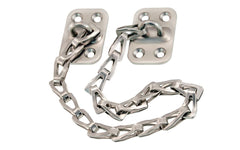 Classic & traditional sturdy transom window chain with solid steel mounting bases. The 12" long chain is made of steel material with a plated finish. Brushed Nickel Finish. Steel Base. Secures transom or in-swing windows.