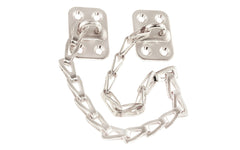 Classic & traditional sturdy transom window chain with solid steel mounting bases. The 12" long chain is made of steel material with a plated finish. Polished Nickel Finish. Steel Base. Secures transom or in-swing windows.