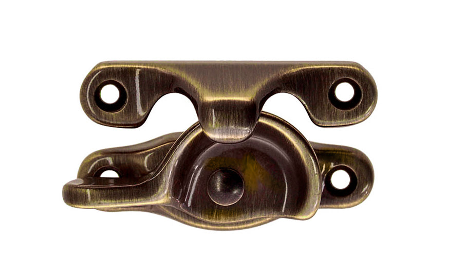 High quality & very popular classic solid brass crescent-style sash lock designed for hung or sash windows. Solid brass material with a durable pivot turn. 2-1/2" x 7/8" Regular Size Window Lock. Dark Antique Brass Finish.