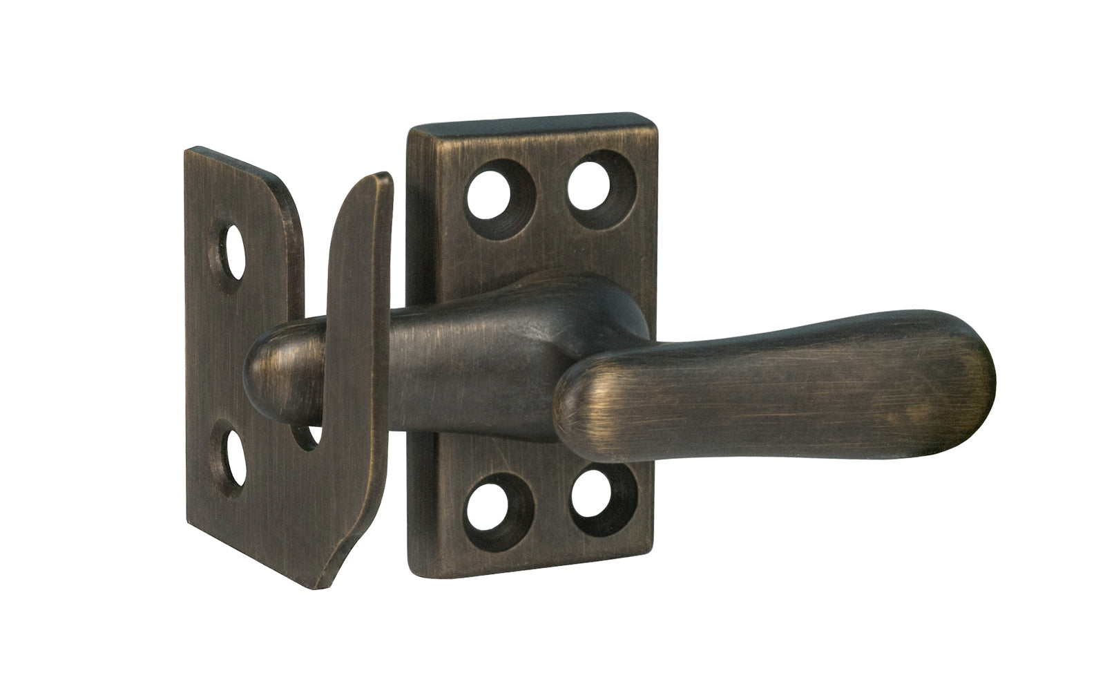 Classic & Traditional Solid Brass Casement Window Latch ~ Regular Size. 1-9/16" high x 7/8" wide latch turn base. Locks & tightens window frames or small doors. Reversible for right or left applications. Vintage-style casement window lock. Dark Antique Brass Finish.