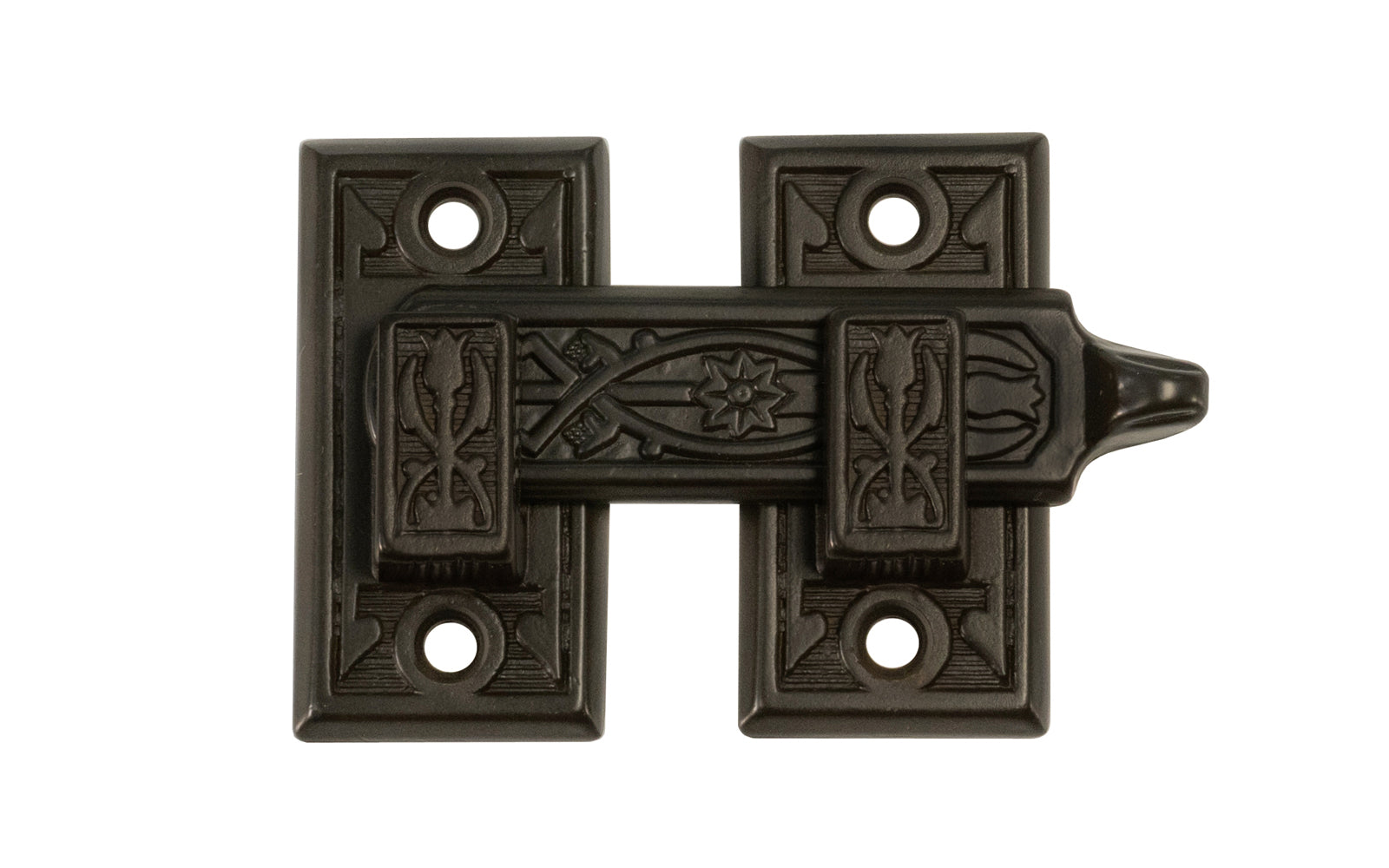 Vintage-style Hardware · Classic & traditional ornate style shutter bar made of solid brass material. Designed for interior window shutters, but it may be used on cabinet doors, bi-fold doors, pantry doors, windows, small doors. Victorian Style, Eastlake style hardware. Oil Rubbed Bronze Finish.