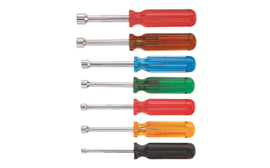 Klein Tools Vaco 7-Piece Nut-Driver Set with 3" Shanks. Model No. 89004. Includes sizes 3/16", 1/4", 5/16", 11/32", 3/8", 7/16", & 1/2" sizes. Contains seven 3" shaft nut drivers that reach into deep recesses. Seven Piece Nut Driver Set. 092644327100