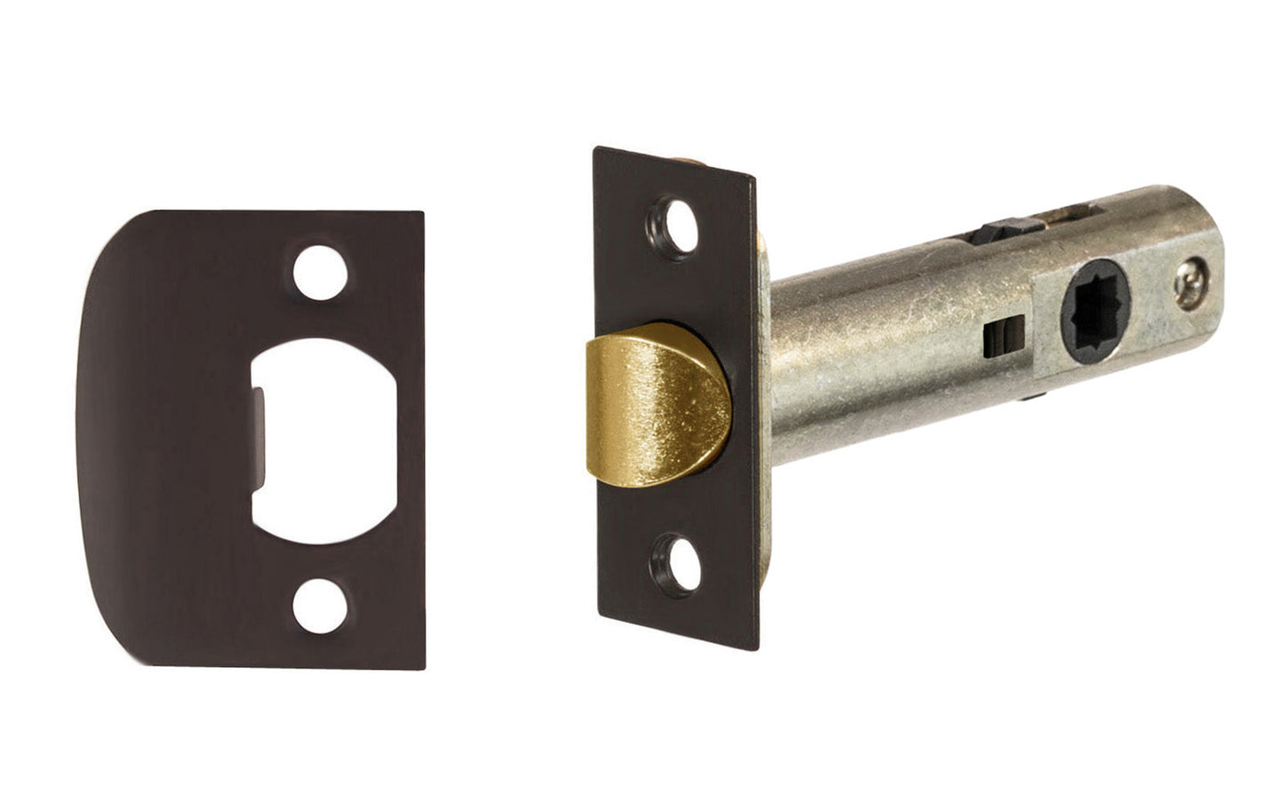 Classic Spring Latch for Doors (Passage) with 2-3/4" Backset. Designed for traditional doorknobs with square spindle shaft. Steel casing & solid brass plates. For vintage antique door knobs, or reproduction door knobs. For non-locking doors. Oil Rubbed Bronze Finish.
