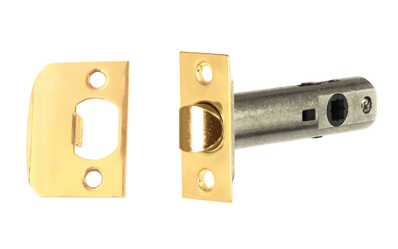 Classic Spring Latch for Doors (Passage) with 2-3/4" Backset. Designed for traditional doorknobs with square spindle shaft. Steel casing & solid brass plates. For vintage antique door knobs, or reproduction door knobs. For non-locking doors. Unlacquered Brass (will patina over time). Non-lacquered brass. Un-lacquered brass.
