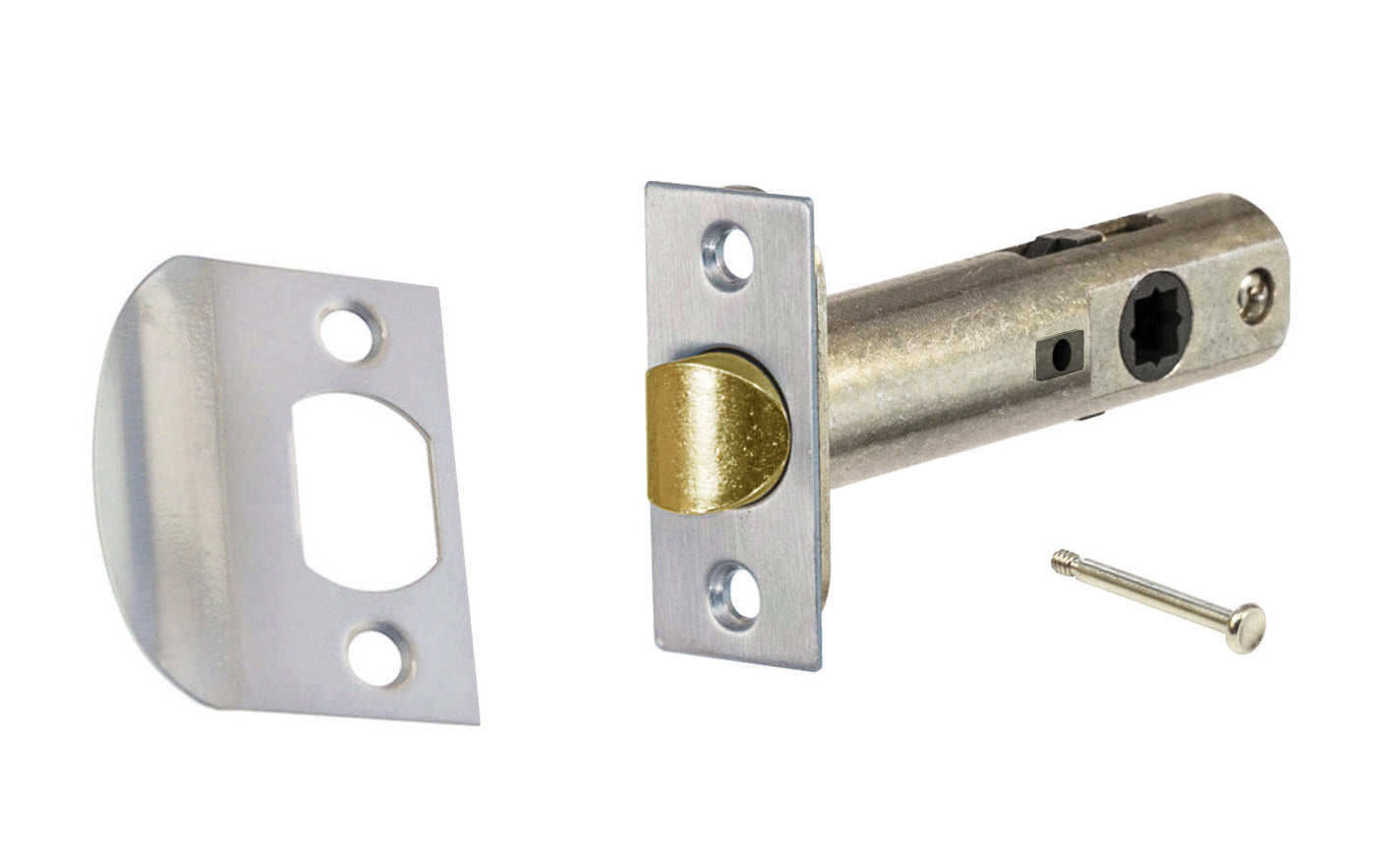 Classic Spring Latch for Doors (Privacy) with 2-3/4" Backset. Designed for traditional doorknobs with square spindle shaft. Steel casing & solid brass plates. For vintage antique door knobs, or reproduction door knobs. For locking doors. Brushed Nickel Finish.