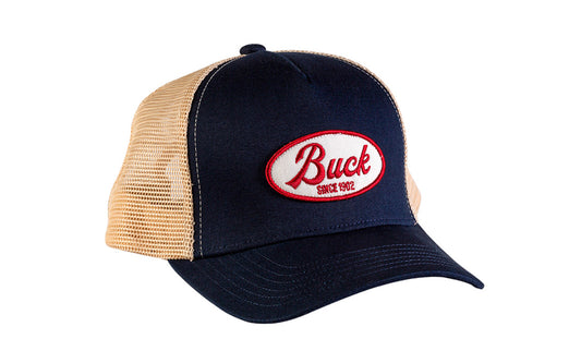 Buck Knives Embroidered Logo Trucker Hat with Blue / Khaki colors. The hat is constructed of 50% cotton / 50% polyester. This cap has a precurved visor. Snapback closure. One size fits all. Buck Knives Ball Cap Hat. 