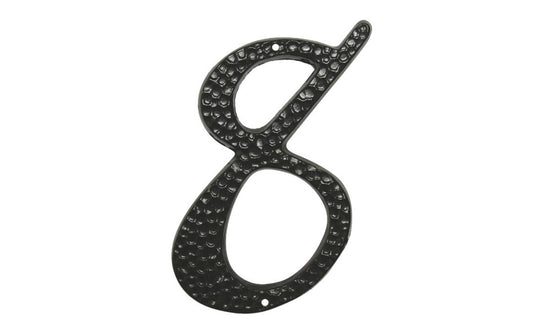 Number Eight Black Hammered House Number in a 3-1/2" Size. Made of die-cast aluminum material with a black hammered style. Mounting nails included. #8 House Number. Hy-Ko Model No. DC-3/8. 029069201081