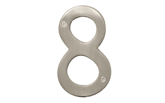 Number Eight House Number in a 4" size. Satin nickel finish. Includes two phillips flat head screws. #8 house number. Hy-Ko Model BR-43SN/8.  Hardware house numbers for outdoors. Includes screws. 029069309381. #8 Satin Nickel House Number - 4" Size