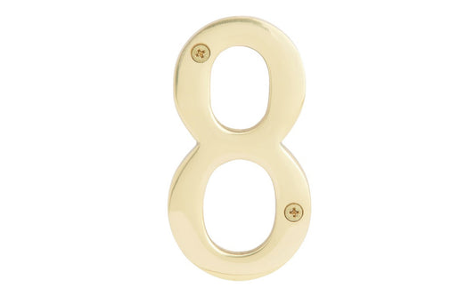 Number Eight Solid Brass House Number in a 4" Size. Made of solid brass material - 1/4" thickness. Lacquered brass finish. Includes two flat head phillips screws. #8 House Number. Hy-Ko Model No. BR-90/8. 029069104986