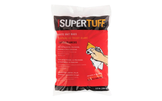 These pre-cut white knit rags are ideal for use in the workshop, marine, industrial, garage, home & office. Great for staining, polishing, faux finishing, cleaning, etc. Highly absorbent knit material. Rags are washable & reusable. "SuperTuff" rags by Trimaco Model 10811. 1/2 lb bag. 8 oz White Knit Rags. 047034108111