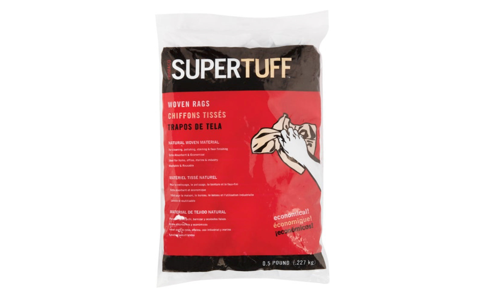 These natural woven material rags are ideal for use in the workshop, marine environment, industrial use, garage, home & office. Great for staining, polishing, faux finishing, cleaning, etc. The rags are washable & reusable. "SuperTuff" rags by Trimaco Model 10841. 1/2 lb bag. 8 oz. 047034108418