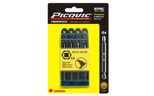 Picquic 4-piece Robertson SQ Drive Powerbit Set with sizes # 0, # 1, # 2, # 3 Square Drive Robertson drive bits. Replacement bits for Picquic screwdrivers & also good for use in drills & impact drivers. 1/4” hex ball power shank. 057369950057