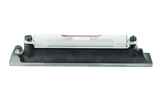 Starrett 98 Machinists Level with Ground & Graduated Vial. 8" (200 mm) size. Does not include a cross test vial. The base of the level features an involute groove running the length of the base, which provides a reliable seat for round work. Vials are adjustable to a positive setting and are housed in a satin finished brass tube with a friction-fit closing cover to prevent breakage. Machinist Level. 