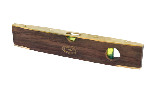 Crown Tools 9" Spirit Level. Also referred to as a "boat" level or torpedo level. Made of Walnut wood fitted with brass. Horizontal & vertical readings. Made in Sheffield, England. Crown Tools 9" Walnut & Brass Spirit Level Model SLW