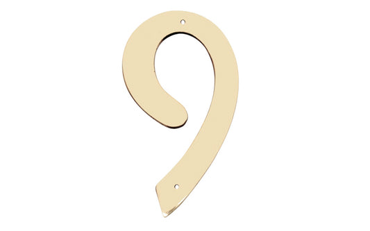 Number Nine Solid Brass House Number in a 4" size. Made of solid brass material - 1/16" thickness. Lacquered brass finish. Mounting nails included. #9 House Number. Hy-Ko Model No. BR-40/9. 029069200992