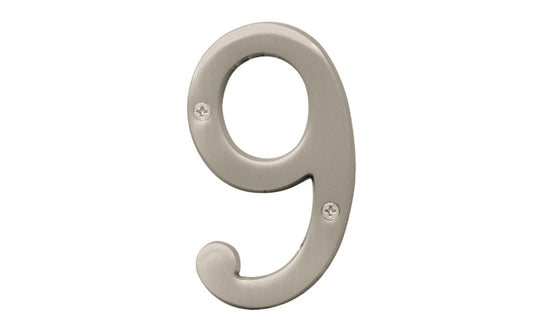 Number Nine House Number in a 4" size. Satin nickel finish. Includes two phillips flat head screws. #9 house number. Hy-Ko Model BR-43SN/9.  Hardware house numbers for outdoors. Includes screws. 029069309398. #9 Satin Nickel House Number - 4" Size