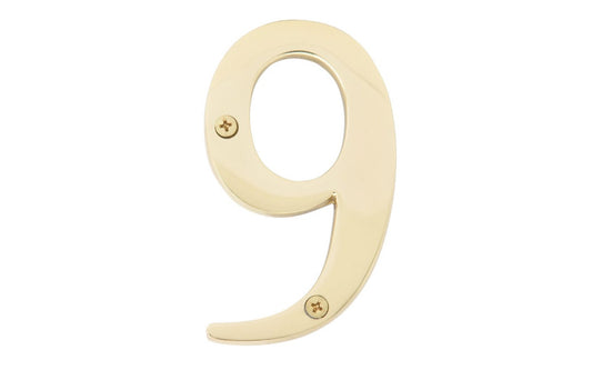 Number Nine Solid Brass House Number in a 4" Size. Made of solid brass material - 1/4" thickness. Lacquered brass finish. Includes two flat head phillips screws. #9 House Number. Hy-Ko Model No. BR-90/9. 029069104993