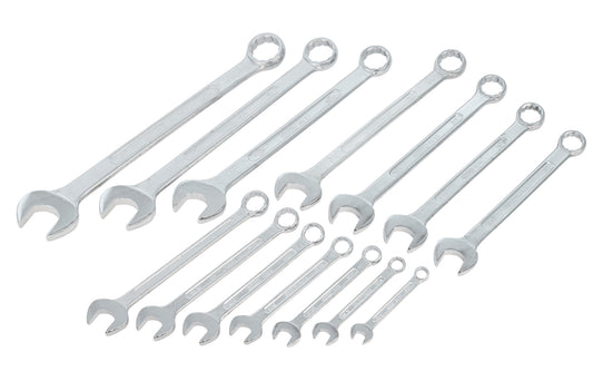14 piece drop forged combo wrench set made by Gedore. Sizes included:  3/8",  7/16",  1/2",  9/16",  5/8",  11/16",  3/4",  13/16",  7/8",  15/16",  1", 1-1/16",  1-1/8",  1-1/4". 12 point. Combination wrench set. Gedore Brand. Drop Forged Steel. Combo Wrench Set.  Made in India.