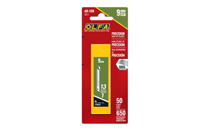 Olfa "AB-50B" 9 mm (3/8") Replacement Blades are crafted from premium Japanese carbon steel, & great for professional cutting performance. 50 Pack. 091511600155. General purpose silver blade - Premium Japanese carbon tool steel AB blade for sharpness & edge retention. Olfa Model AB-50B. 50 Blades. Made in Japan