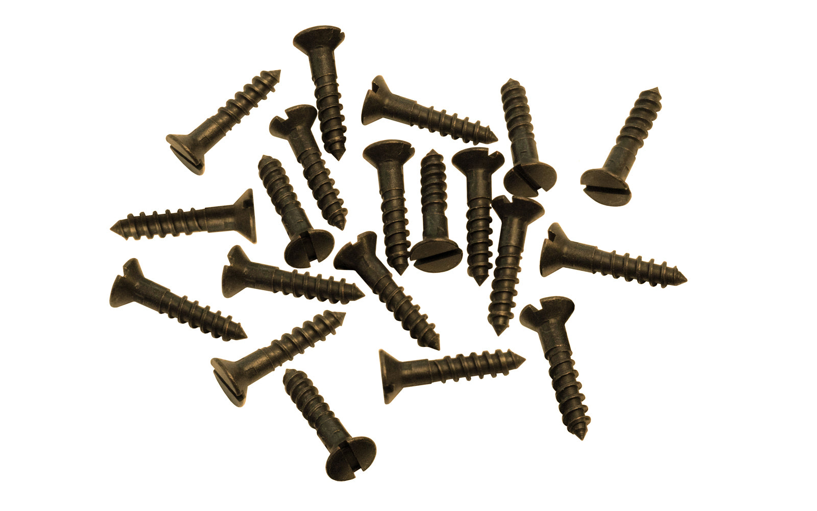 Solid Brass #5 x 5/8" Flat Head Slotted Wood Screws. Traditional & classic vintage-style countersunk wood screws. Sold as 20 pieces in a bag. Slotted-Head. Antique Brass Finish