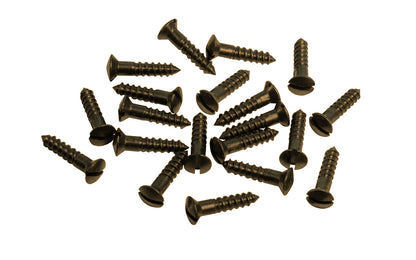 Solid Brass #5 x 5/8" Oval Head Slotted Wood Screws. Traditional & classic vintage-style countersunk wood screws. Sold as 20 pieces in a bag. Antique brass finish