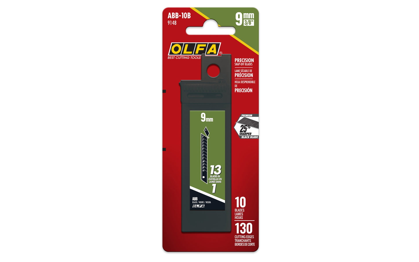 Olfa "ABB-10B" 9 mm Replacement Black Blades - 10 Pack are sharper than standard silver blades by up to 25%. These precision blades are made with premium carbon tool steel from Japan & are honed on both sides of the blade for professional grade cutting. 091511600384. Olfa Model ABB-10B. 10 Blades in Pack. Made in Japan