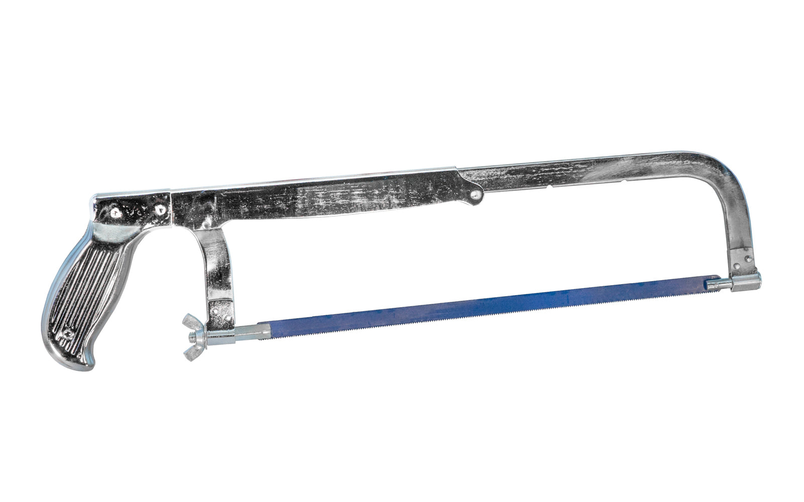 An Adjustable Frame Pistol Grip Hacksaw is ideal for cutting glass, ceramic tile, hardened steel or bone, & variety of other materials at home or on a job site. Its four cutting positions & 3" cutting depth offer a range of applications. Frame is made of steel with chrome plating & can accept 10" & 12" hacksaw blades