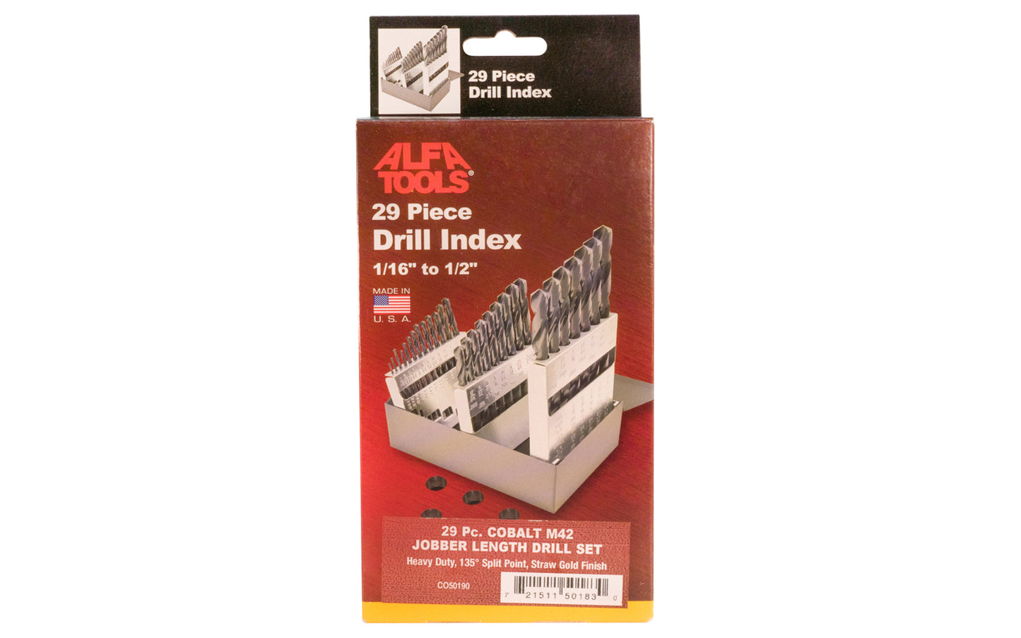 29-Piece Cobalt Drill Index - 1/16" to 1/2" by 64ths. Their heat-resistant & heavy duty design enables use in the harder, high tensile strength steels like stainless, titanium, armor plate, inconel & other difficult to machine materials. Cobalt Steel M42. Drill Bit Set. Made in USA.