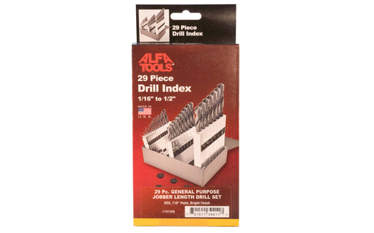 29-Piece HSS Drill Index - 1/16" to 1/2" by 64ths. General purpose drill bit set with conventional 118° point angle. Designed for drilling in a wide range of materials. Bright finish bits provide good chip ejection in low carbon or soft materials. High speed steel jobber twist drill bits. Drill Bit Set. Made in USA.