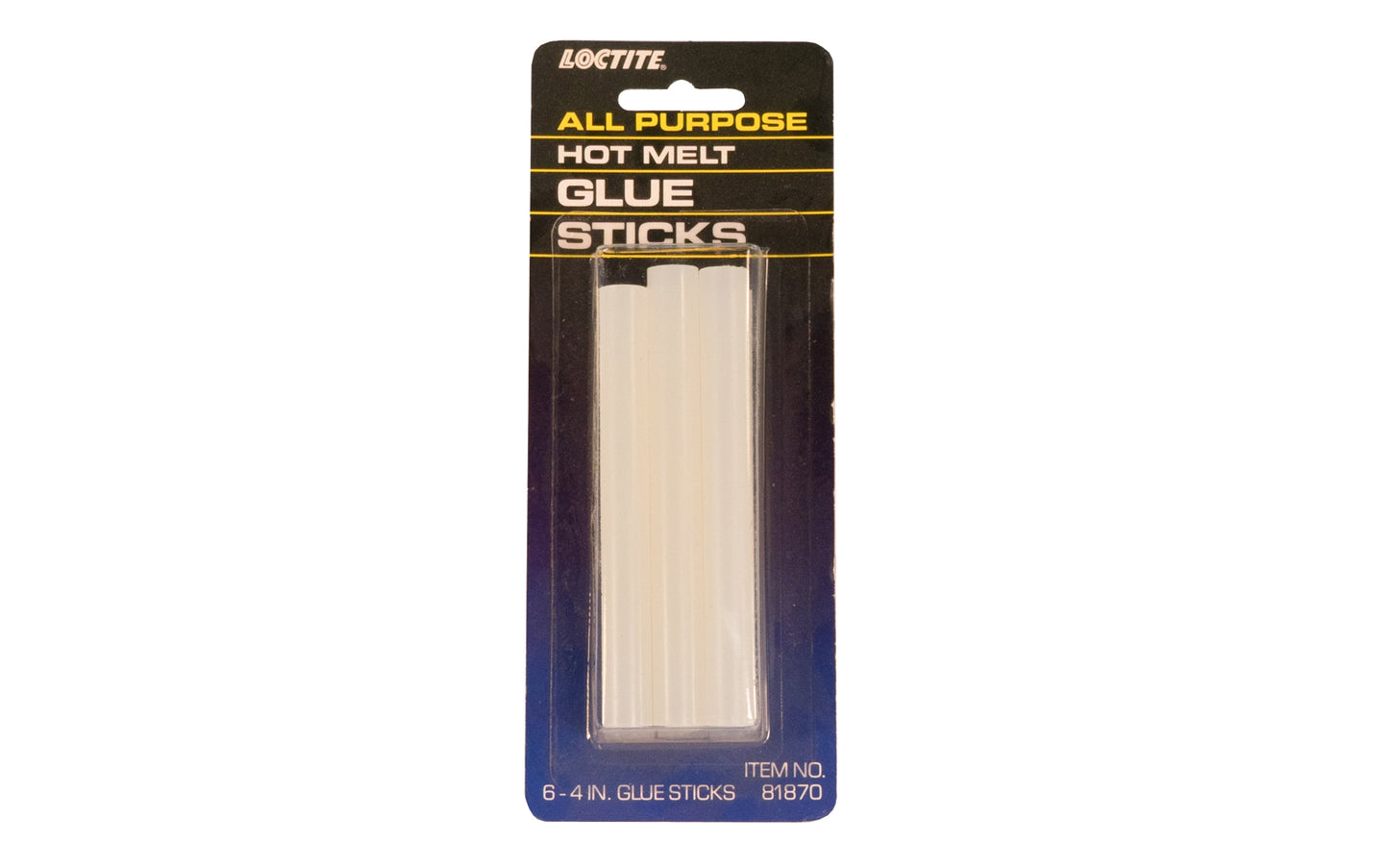These Loctite all-purpose hot melt adhesive glue sticks can be used with standard hot melt glue guns. They are specially formualted for use in the repair & construction of furniture, toys, models, ceramics, canvas, leather & jewelry. Sold as 6 glue sticks in a pack. 079340818705. Model 81870