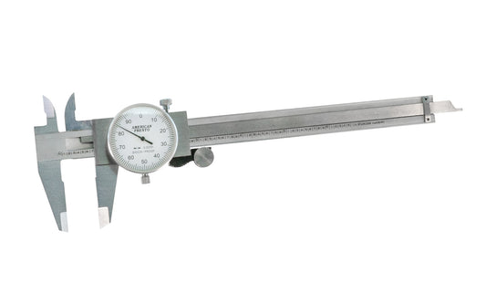 6" Dial Caliper that's good for measuring the inside & outside dimensions of items including rods, plates & tubing. Dial Graduation: 0.001 in with a 6" measuring capacity. Knurled thumb roller enabling one to use with one hand. Jaws of dial caliper are precision ground. American Presto Brand. Hardened stainless steel