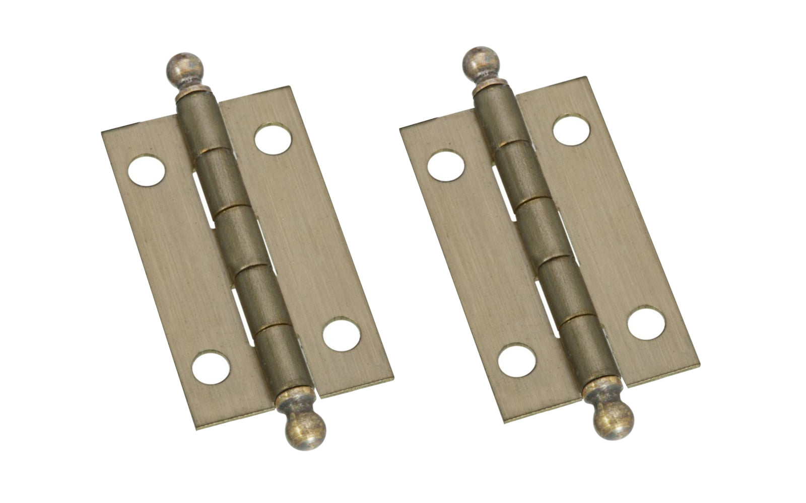 These ball tip antique brass hinges add a decorative appearance to small boxes, jewelry boxes, small lightweight cabinet doors, craft projects, etc. Solid brass material with antique brass finish. 1-1/2