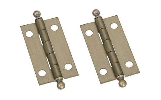 1-1/2" x 7/8" Antique Brass Ball Tip Hinges ~ 2 Pack ~ These ball tip antique brass hinges add a decorative appearance to small boxes, jewelry boxes, small lightweight cabinet doors, craft projects, etc. Solid brass material with antique brass finish. 1-1/2" high x 7/8" wide. Surface mount. Non-removable pin. Sold as a pair of hinges. National Hardware Model No. N213-546. 