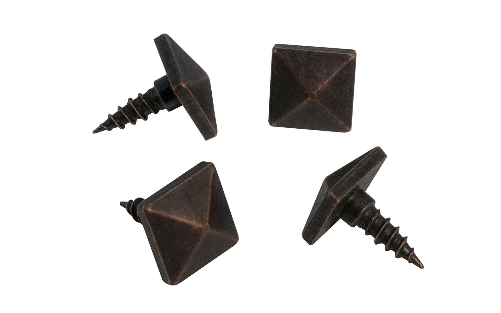 Pyramid head screws in an antique copper finish. Great screws for Mission or Arts & Crafts, Gustav Stickley style hardware. Traditional & classic vintage-style wood screws. 4 PCS in bag. 1/2"  x  1/2"  size square head. 1/2" shank length. 848096000203. Dark antique copper finish