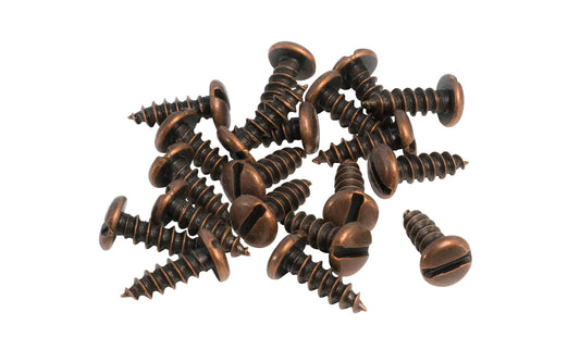 Round head slotted steel screws in a antique copper finish. Great screws for or Mission style or Arts & Crafts style hardware. Traditional & classic vintage-style wood screws. 20 PCS in bag. 1/2" overall length screw. 5/16" diameter round head. Sold as 20 slot head screws in bag. 