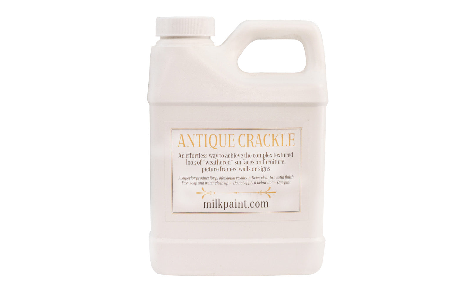 Antique crackle is designed to give a complex textured look of "weathered" surfaces on furniture, picture frames, walls, or signs. Dries to a clear satin finish. This natural gelatin product is brushed on before final coat of paint for an instant “alligator” or crackled look. Non-toxic. FDA approved mildewcide. Pint.