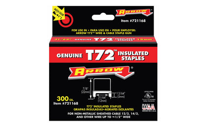 Arrow T72 Insulated Staples - 31/64" - 300 PK. Item No.  721168. 300PK.   Made in USA. 079055721161. For use in the Arrow T72 Wire & Cable Staple Gun