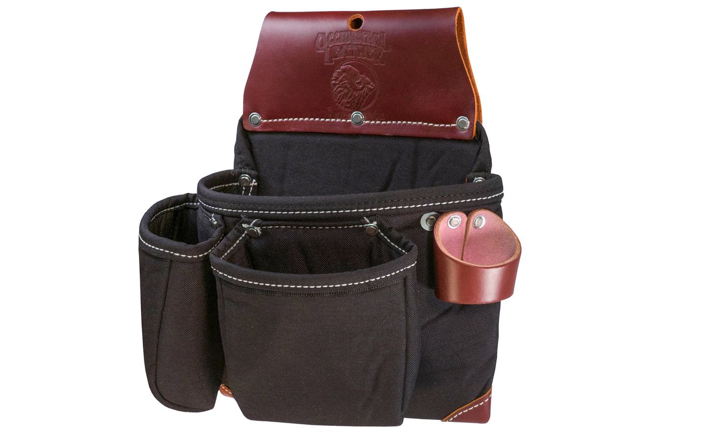 Occidental Leather 3-Pouch Tool Bag ~ Model B8017DB - Fits a 3" work belt - Pouch - Three pouch tool bag features holders for pencils, work knife, chisel, level, lumber crayon, heavy duty hammer loop. Main tool bag corners are reinforced with Occidental's trademark "OxyRed" leather. Made of Nylon & genuine Leather