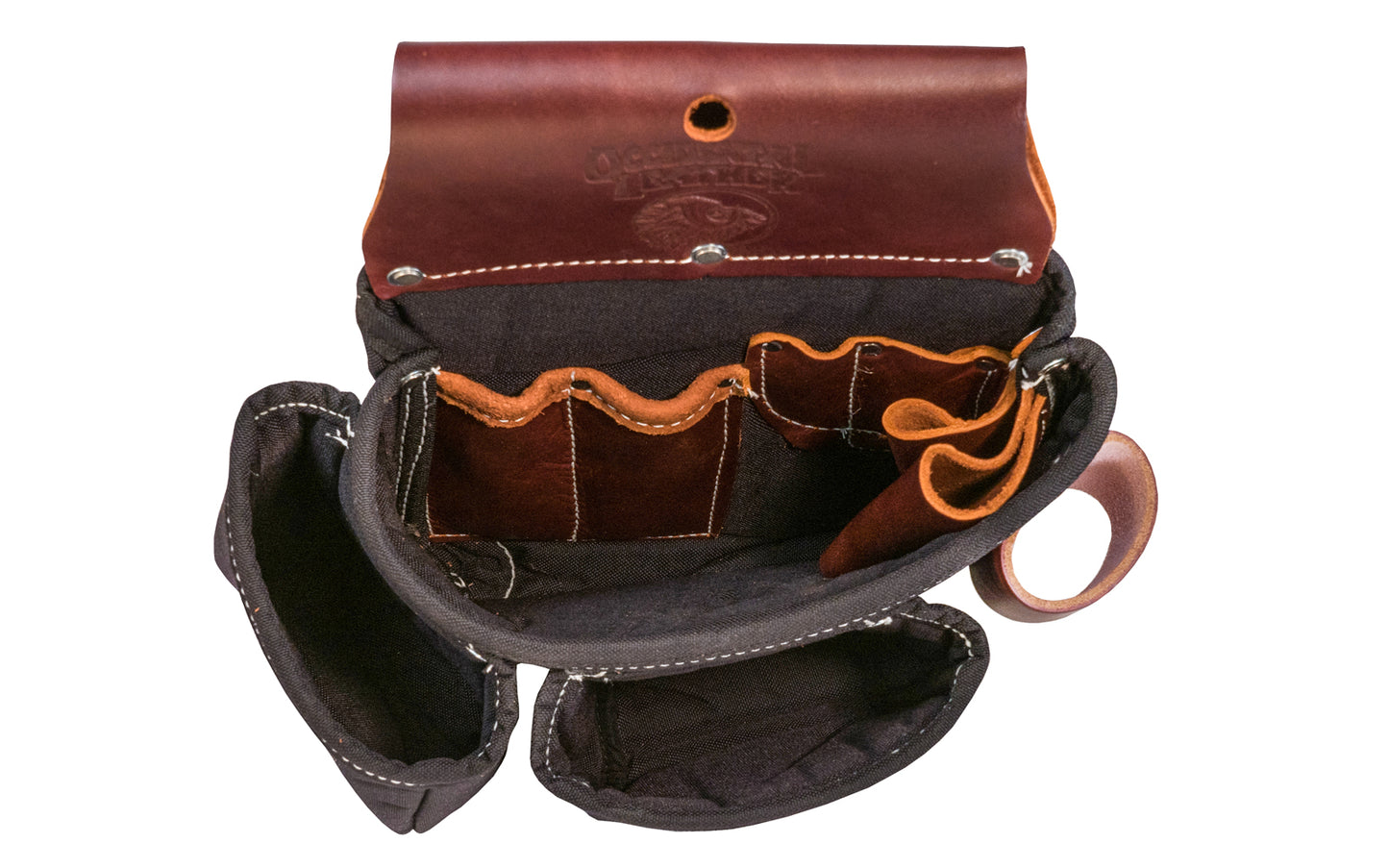 Occidental Leather 3-Pouch Tool Bag ~ Model B8017DB - Fits a 3" work belt - Pouch - Three pouch tool bag features holders for pencils, work knife, chisel, level, lumber crayon, heavy duty hammer loop. Main tool bag corners are reinforced with Occidental's trademark "OxyRed" leather. Made of Nylon & genuine Leather