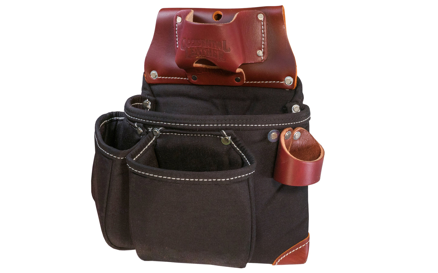 Occidental Leather 3-Pouch Tool Bag ~ B8018DB - Fits a 3" work belt - Pouch - Three pouch tool bag features holders for pencils, work knife, chisel, level, lumber crayon, hammer loop. Main tool bag corners are reinforced with Occidental's trademark "OxyRed" leather. Made of Nylon & genuine Leather - With Tape Pocket